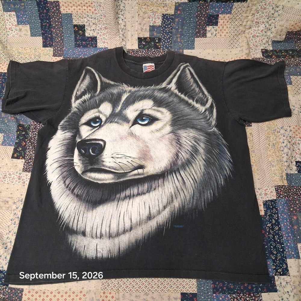 90s Vintage Big Face Siberian Husky Dog T Shirt Mens XL Trinity Products Black